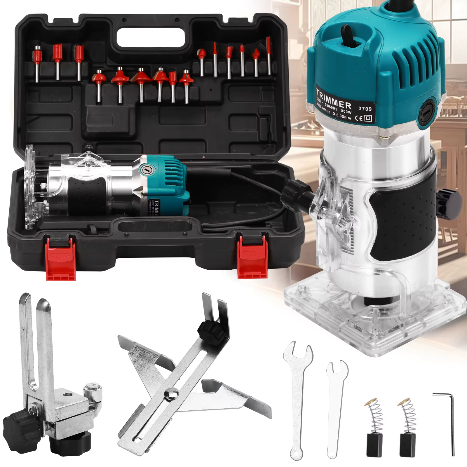 Routeur à bois 800W, fraiseuse, mandrin de 1/4 pouce avec jeu de 15 fraises, 30000 tr/min, machine d