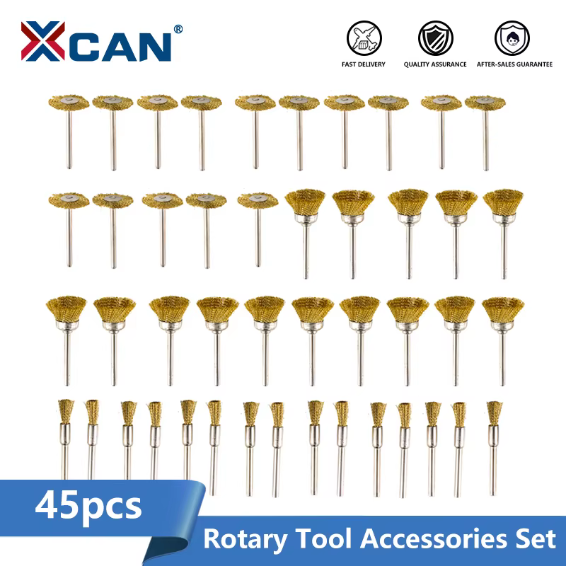 XCAN 45 pièces fil d'acier roue en laiton tasse brosse ensemble métal polissage roue 3mm tige pour D