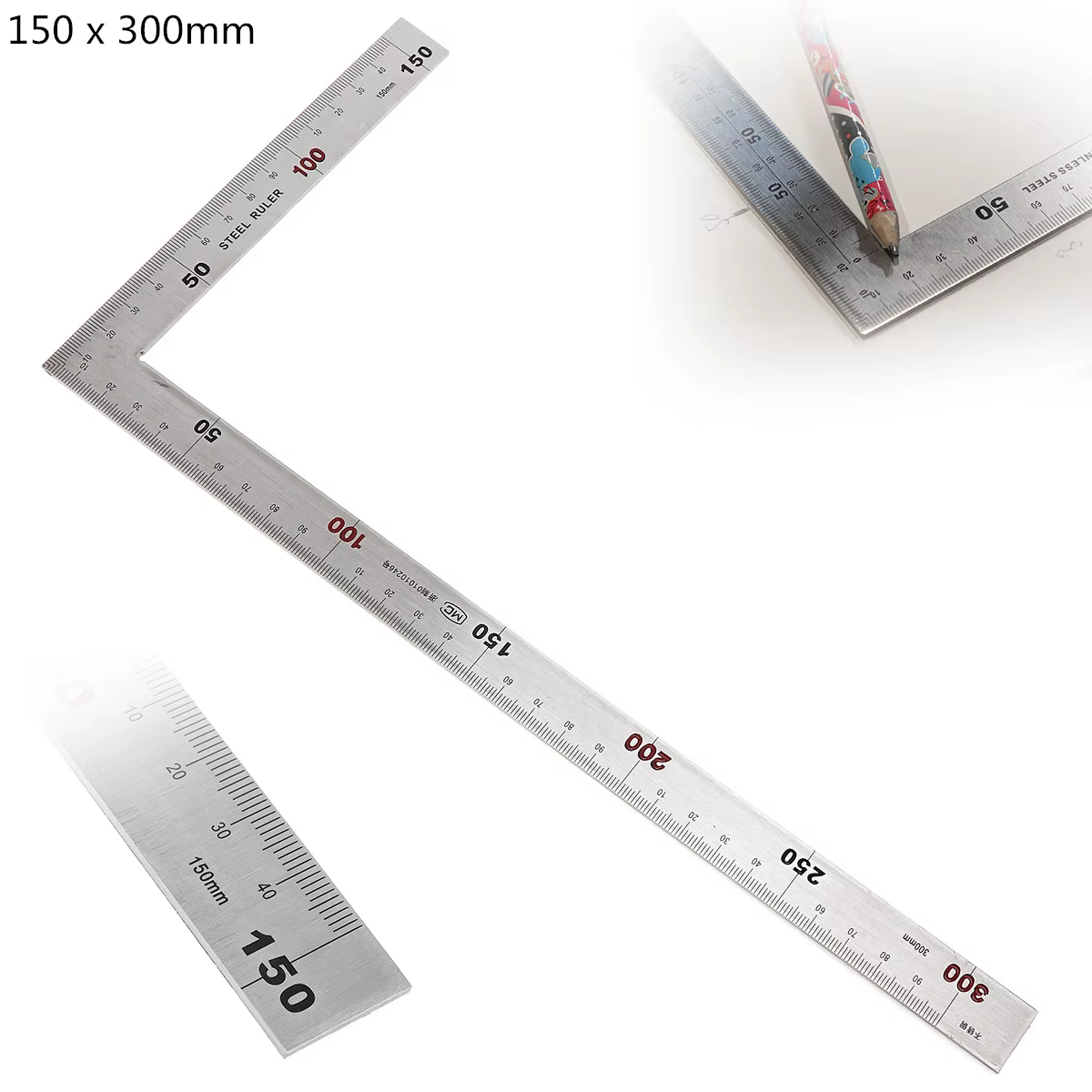 Ensemble carré en acier et métal, Angle de 90 degrés, essai métrique, règle carrée, 150x300mm, 250x5