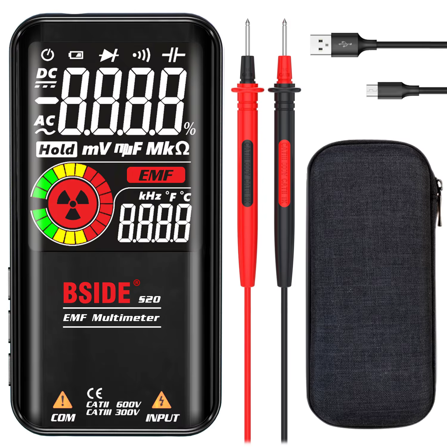 BSIDE – multimètre numérique à affichage couleur, voltmètre à plage automatique de 9999 points, Rech