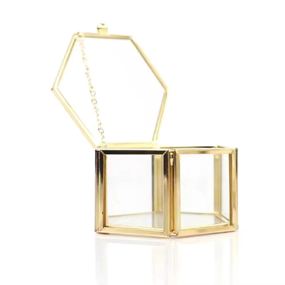 Boîte à bagues hexagonale en or, organisateur en verre, boîte de rangement de bijoux géométrique hex