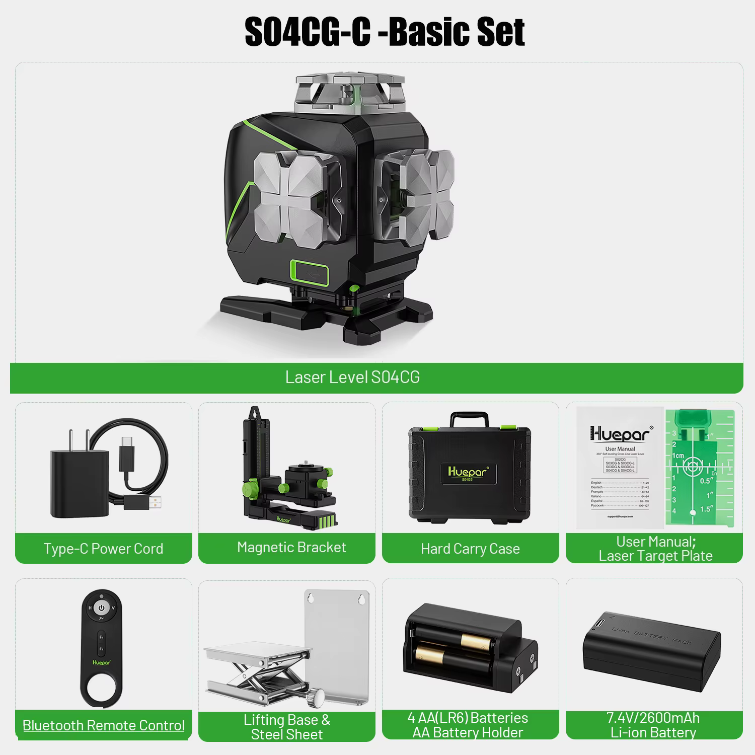 Huepar S04CG-C 4D Niveau laser vert Outils laser à ligne croisée auto-dropante avec détecteur, écran