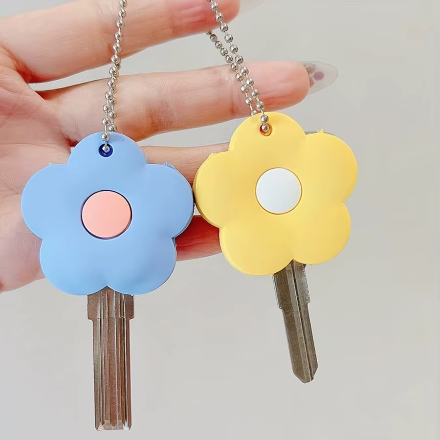Ensemble de 2 capuchons de clés à fleurs de dessin animé mignons, couvre-clés flexibles, autocollant