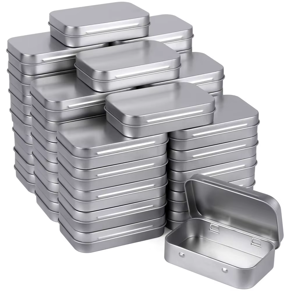 Boîtes métalliques rectangulaires vides à charnières - Mini boîte portable argentée, petit kit de ra