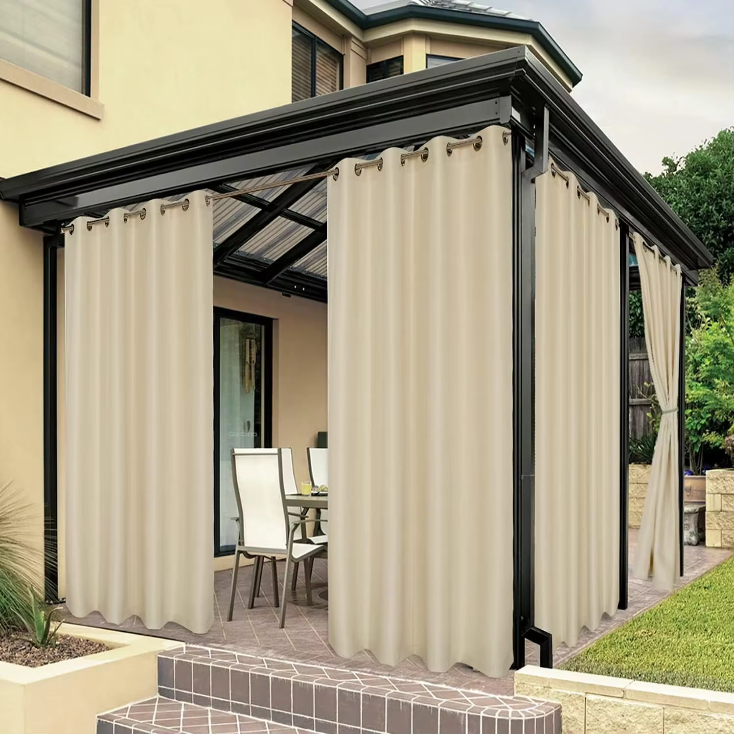 1 rideau d'extérieur imperméable avec œillets pour véranda, pergola, cabane, patio – Simplicité mode