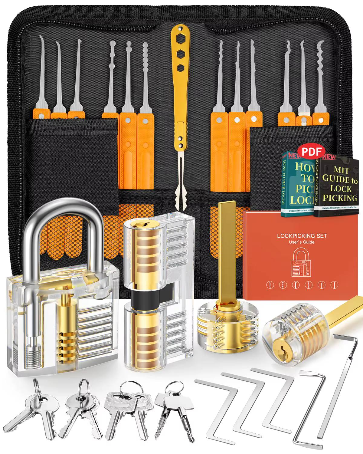 Kit de cueillette de serrures 38 + 4 avec 4 serrures d'entraînement transparentes et étui zippé pour