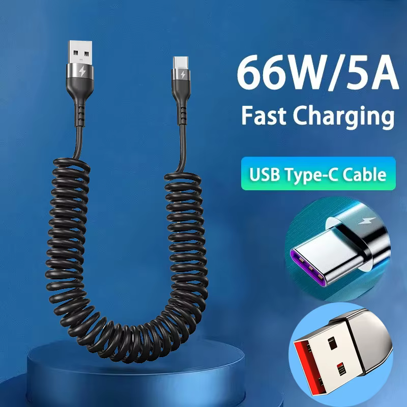 Câble télescopique à ressort USB Type C 66W pour voiture 5A, charge rapide de Type C à Type C, pour