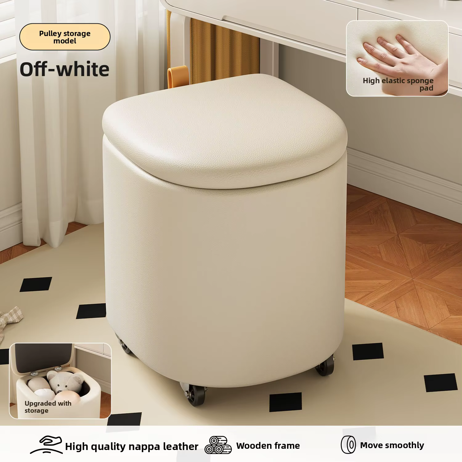 Banc de maquillage en cuir pour rangement, banc à chaussures, banc à ongles roulant pour chambre de