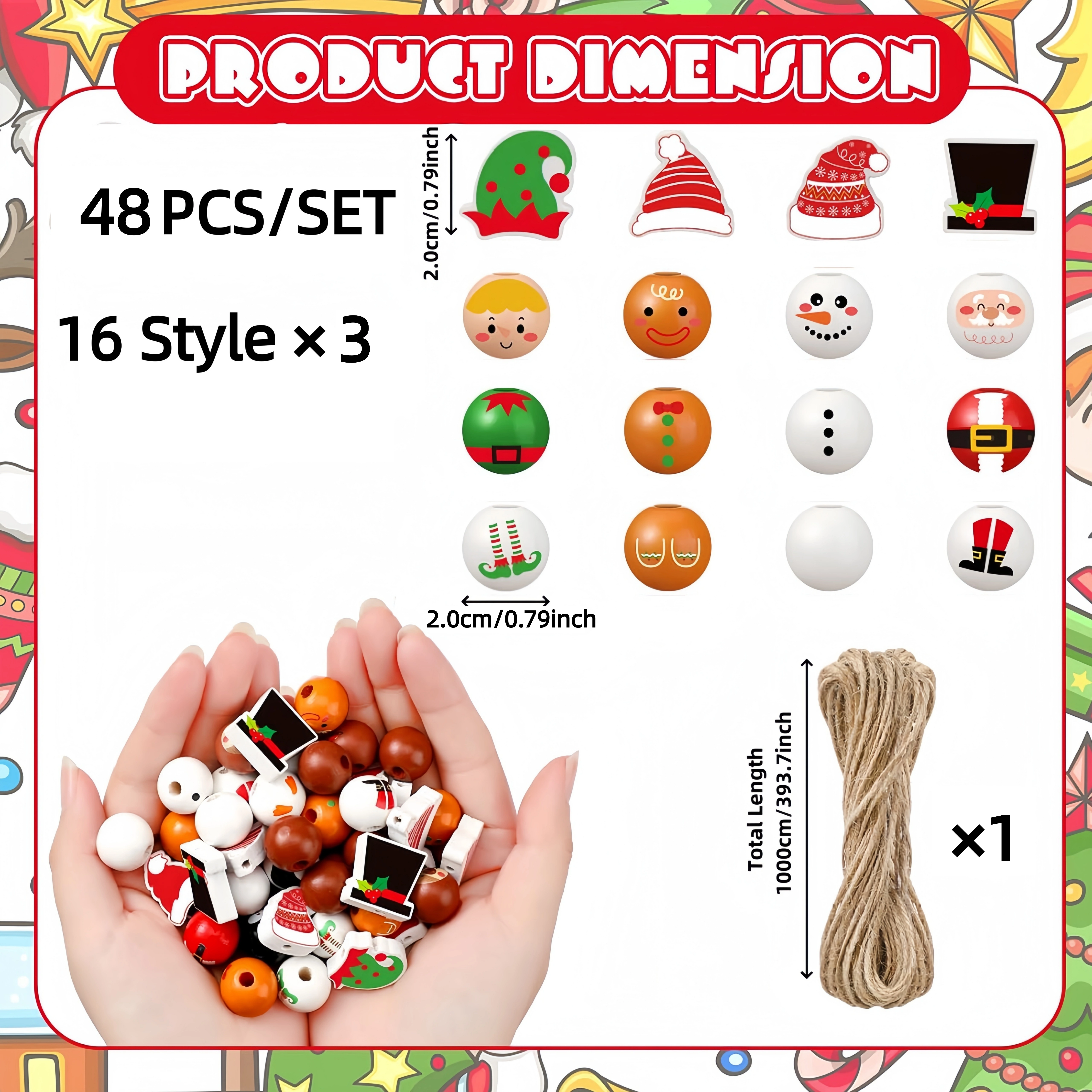 Ensemble de perles en bois sur le thème de noël, 48 pièces/80 pièces/160 pièces, bonhomme de neige, 