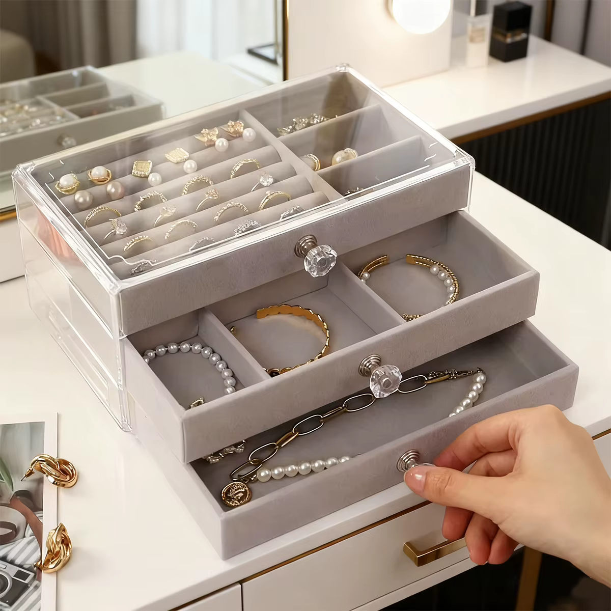Boîte à bijoux empilable à 3 niveaux, beige gris, pour ranger boucles d'oreilles, bagues, colliers,