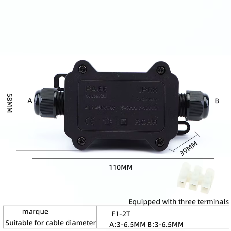 Boîte de jonction étanche en plastique noir IP68, ignifuge, adaptée à un usage extérieur, applicable