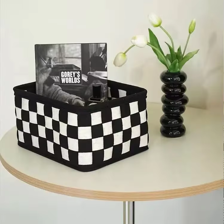 Mir de rangement à carreaux noir et blanc, panier de rangement pour cosmétiques de bureau, collation