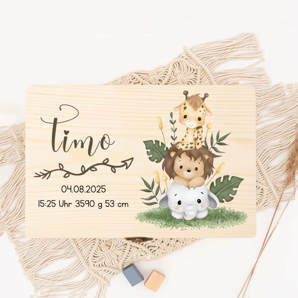 Boîte à mémoire personnalisée pour enfants, boîte à souvenirs avec éléphant, Lion, girafe, avec nom 
