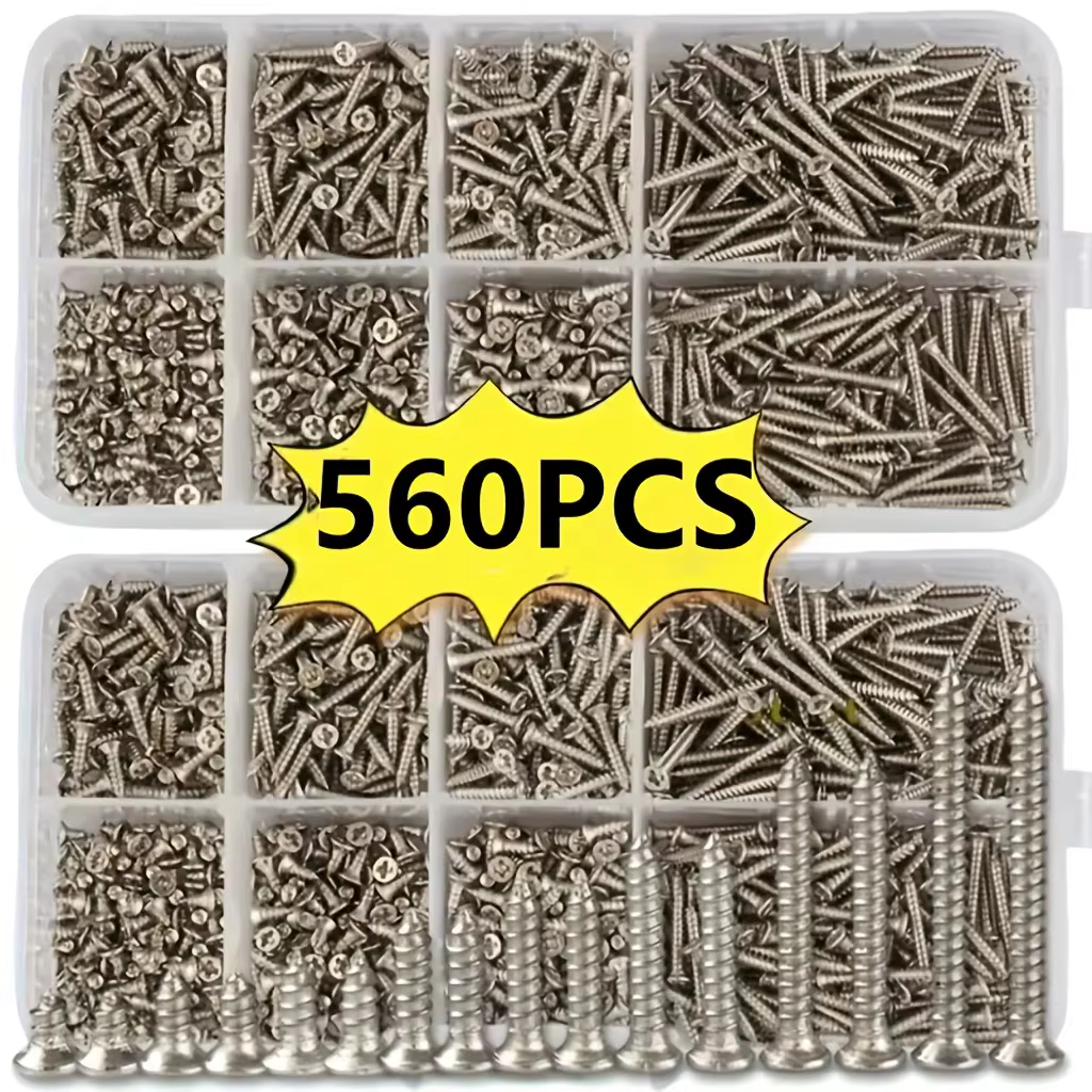 Boîte de 560 vis autotaraudeuses pour bois - Comprend 8 tailles différentes de vis plates en métal M