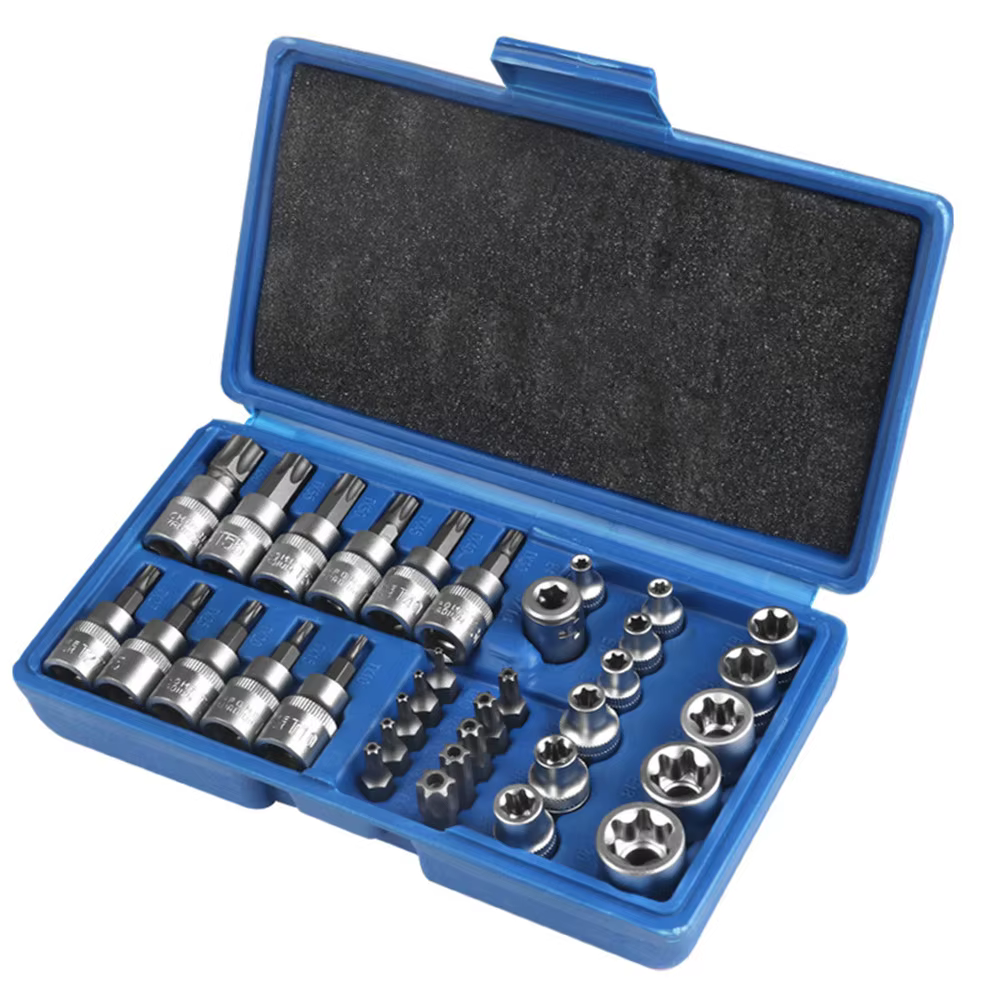Jeu de 34 pièces : Jeu de douilles à cliquet, clé dynamométrique, douilles Torx, boîte à douilles à 