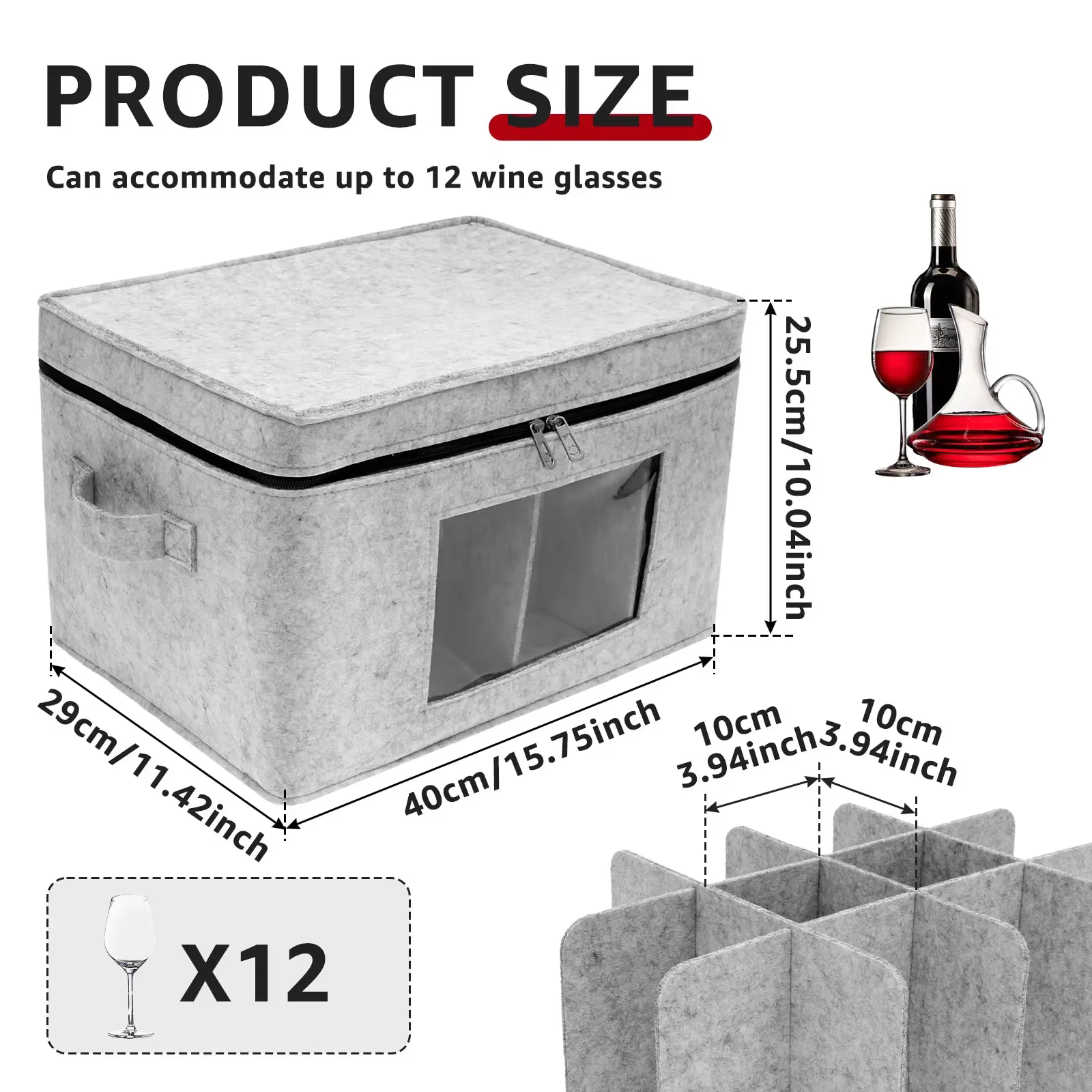Organisateur de rangement pour verres à vin, conteneur empilable en feutre pour verrerie avec 12 sép