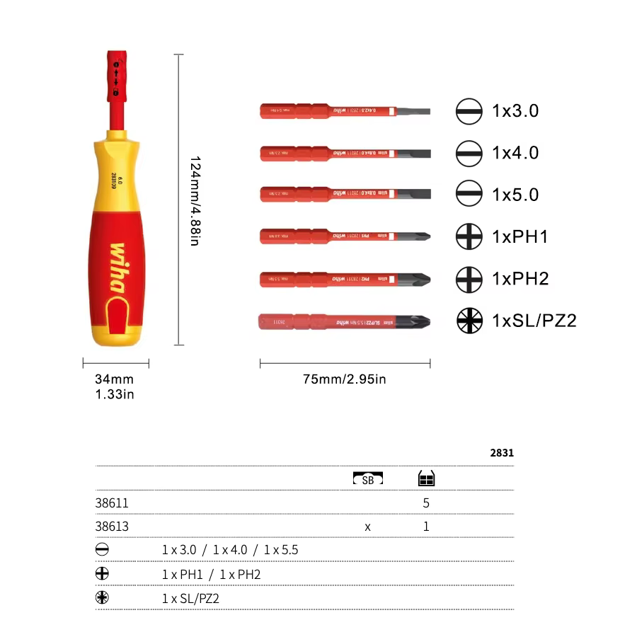 Tournevis isolé 6-en-1 WIHA 38611 1000V |   Outil de réparation pour électricien avec 6 embouts fins