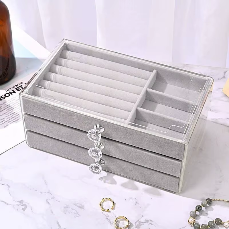 Boîte à bijoux empilable à 3 niveaux, style tiroir, beige gris, organisateur de rangement de bureau 