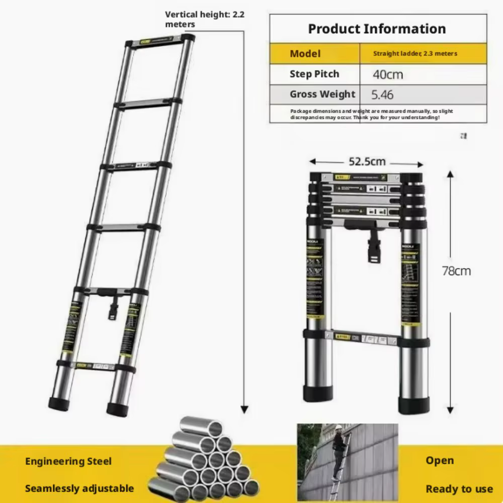 Échelle télescopique en acier inoxydable de 2,3 m/5,5 m, échelle droite épaissie, élévateur portable