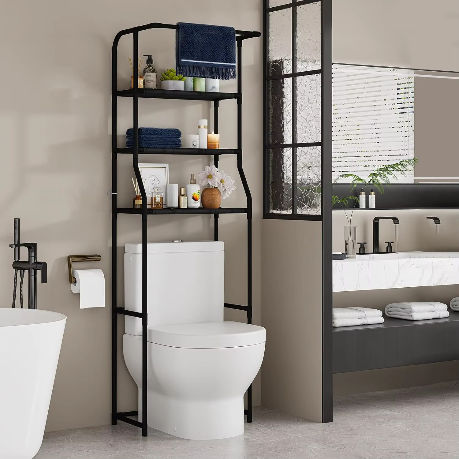 Étagère de rangement au-dessus des toilettes, organisateur de salle de bain autoportant à 3 niveaux 
