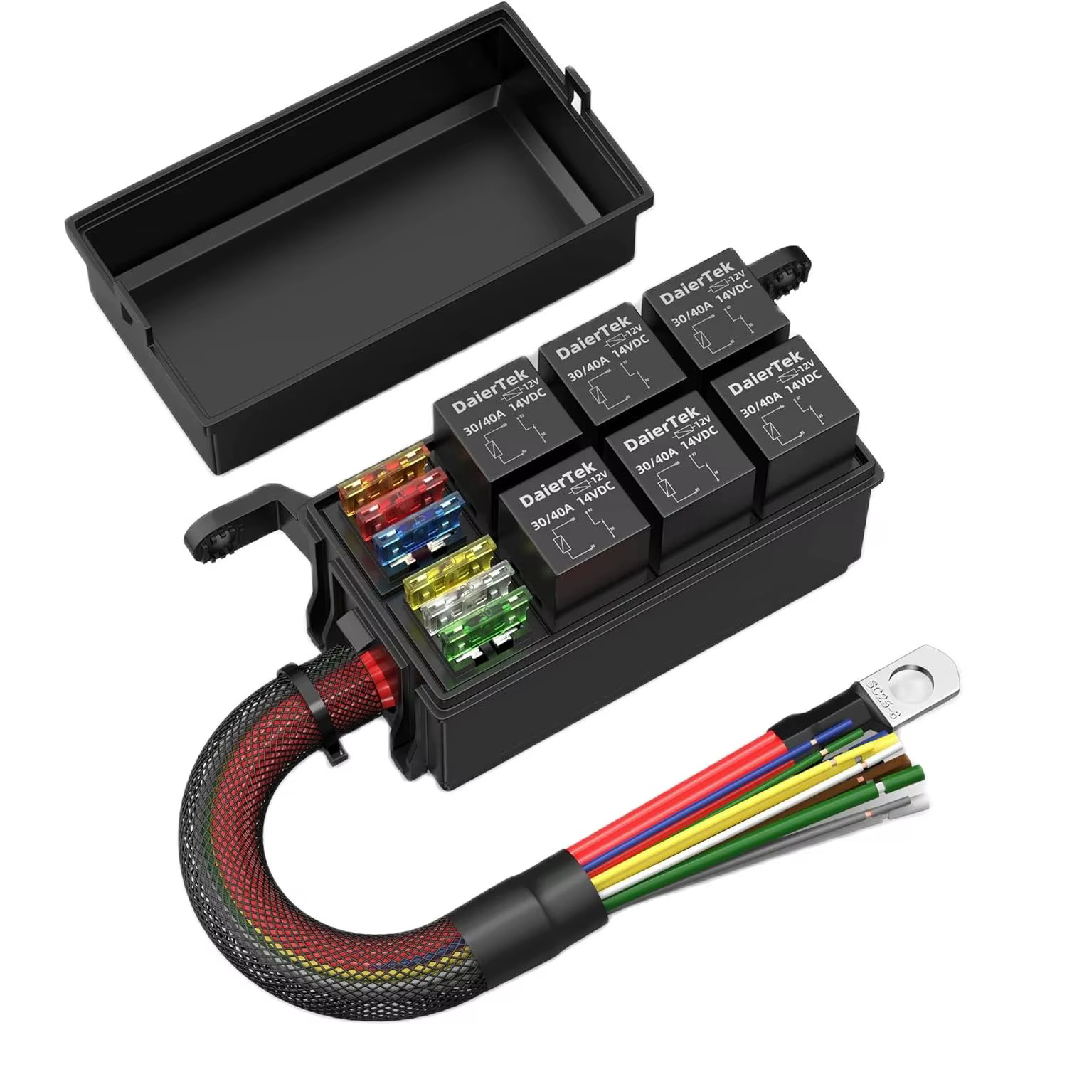 Boîtier de relais 12V, boîte à fusibles 6 voies, boîtier de relais étanche pré-câblé 12 AWG, bloc de
