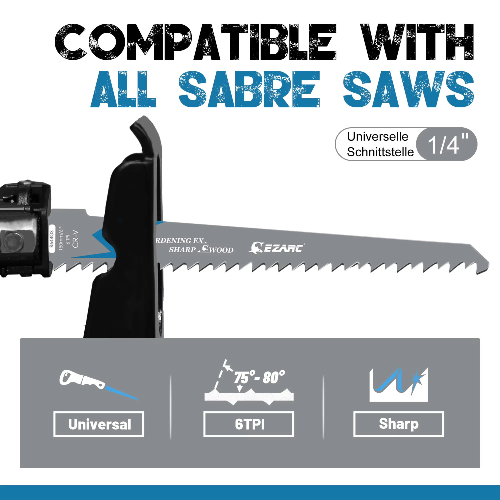 Lame de scie alternative pour l'élagage du bois, 6 pouces/150mm, R644GS 6TPI CRV, dents tranchantes 