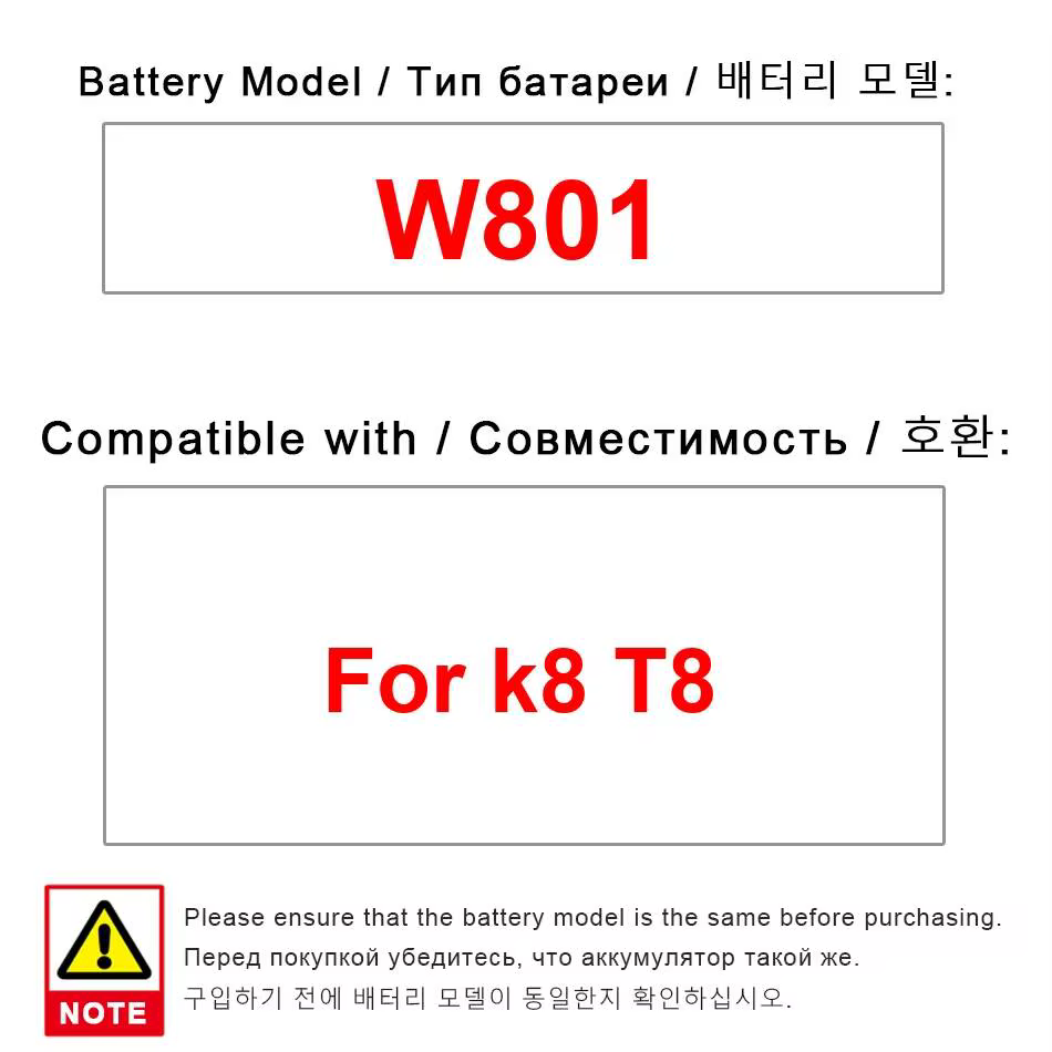 Batterie légère de 450mAh W801, remplacement fiable adapté au k8 T8