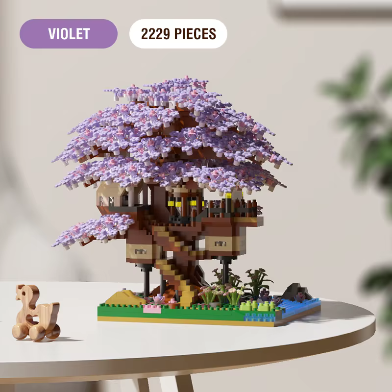 Ensemble de blocs de construction d'arbre Sakura, briques en fleurs de cerisier avec modèle de maiso