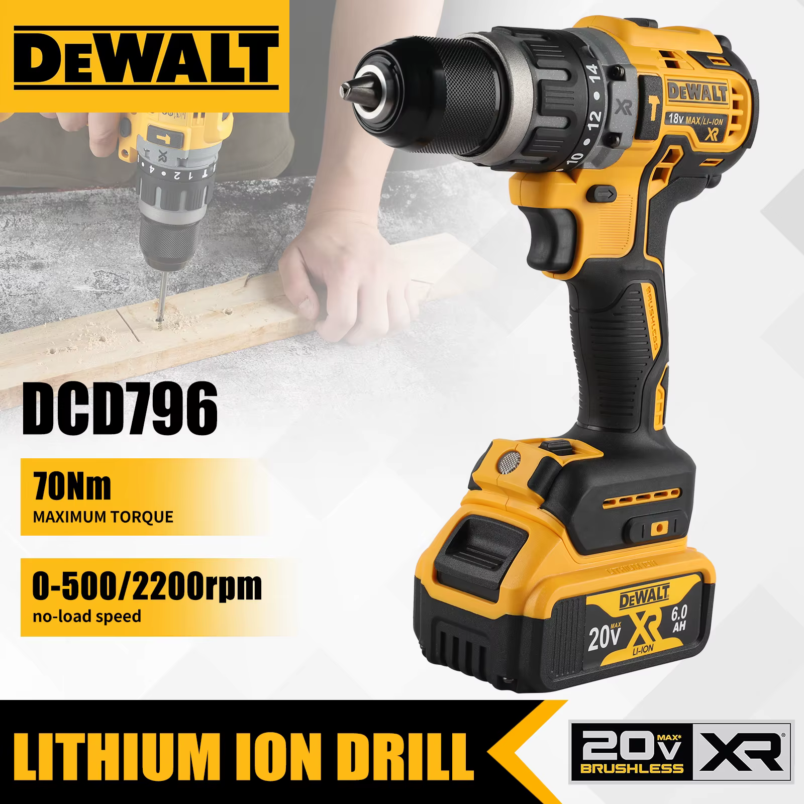 Dewalt DCD796 perceuse à percussion sans fil, perceuse compacte à entraînement sans balais, batterie
