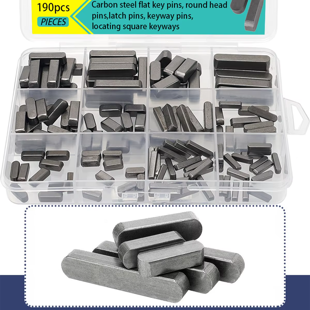 Jeu de 190 clavettes plates, jeu de clavettes carrées en acier au carbone de 3/4/5/6 mm, fixations p