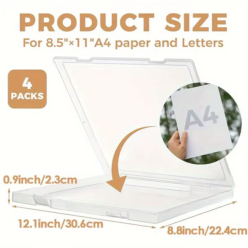 Lot de 4/1 boîtes de rangement A4 transparentes avec couvercles, anti-poussière, bords renforcés, or
