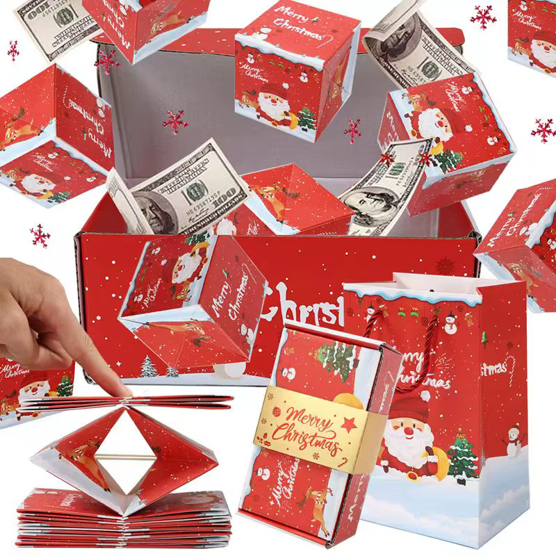 8 coffrets cadeaux surprise rouges, coffrets cadeaux explosion de Noël, coffrets cadeaux surprise po