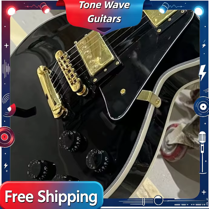 Nouvelle guitare électrique LPRT0 personnalisée noir brillant avec bordure dorée, micros HH, pièces