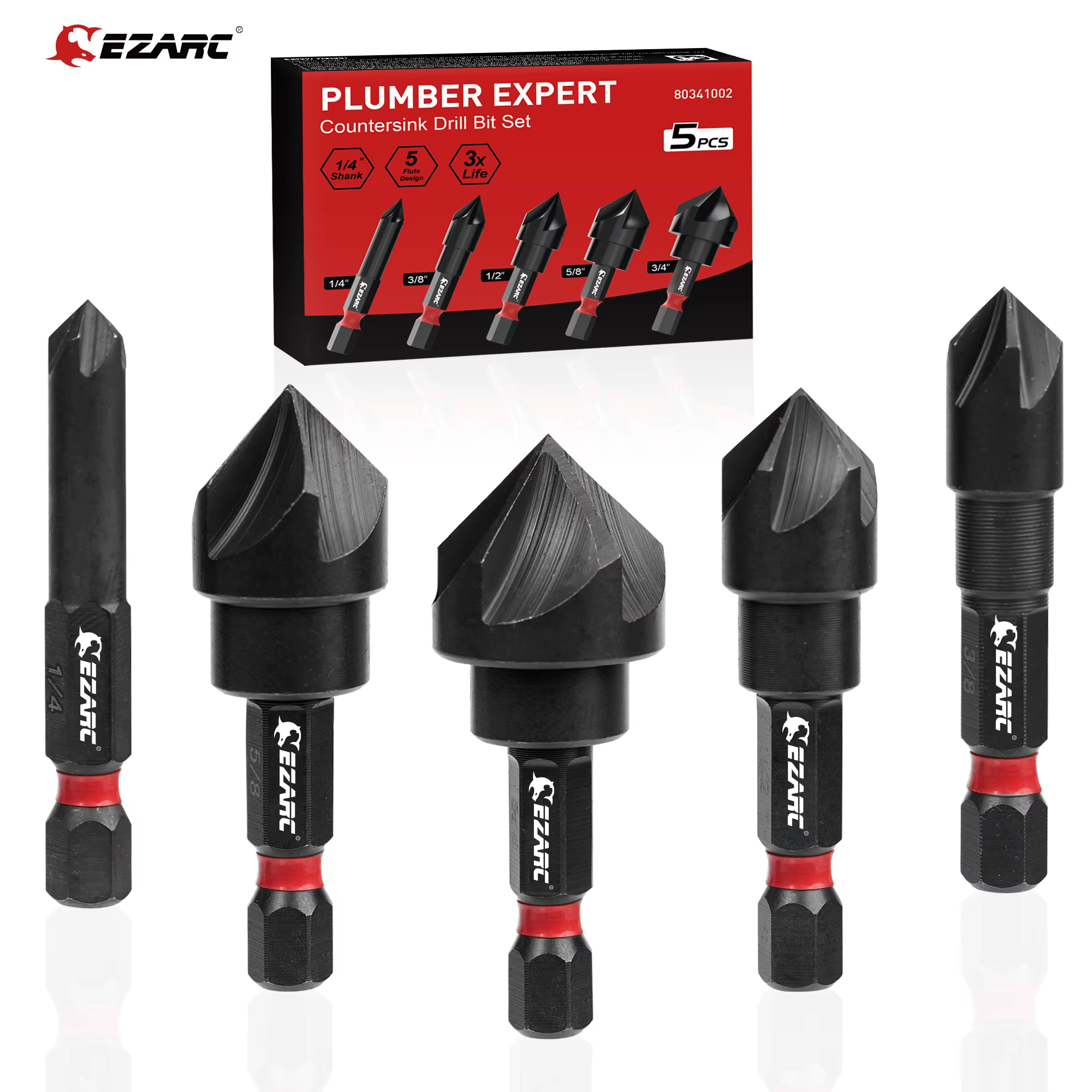 EZARC Jeu de 5 forets à fraiser pour métal, forets fraisés à tige hexagonale de 1/4 de pouce 82 degr