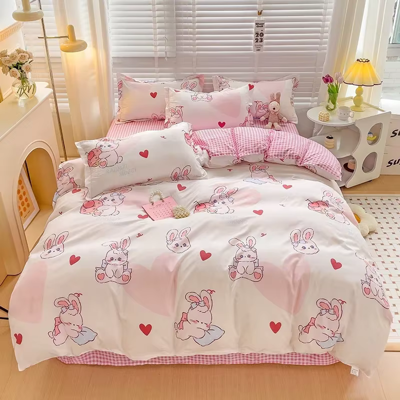 Ensemble de draps de lit de style dessin animé pour enfants, ensemble de literie imprimé lapin migno