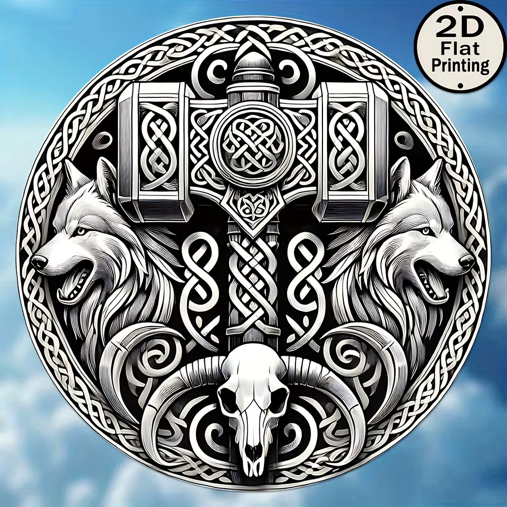 Panneau en étain HD, art mural rond en métal avec loup viking et marteau de Thor, décoration d'intér