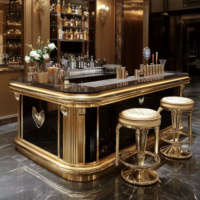 Bar moderne haut de gamme en acier inoxydable, comptoirs en marbre, design autoportant, adapté aux b