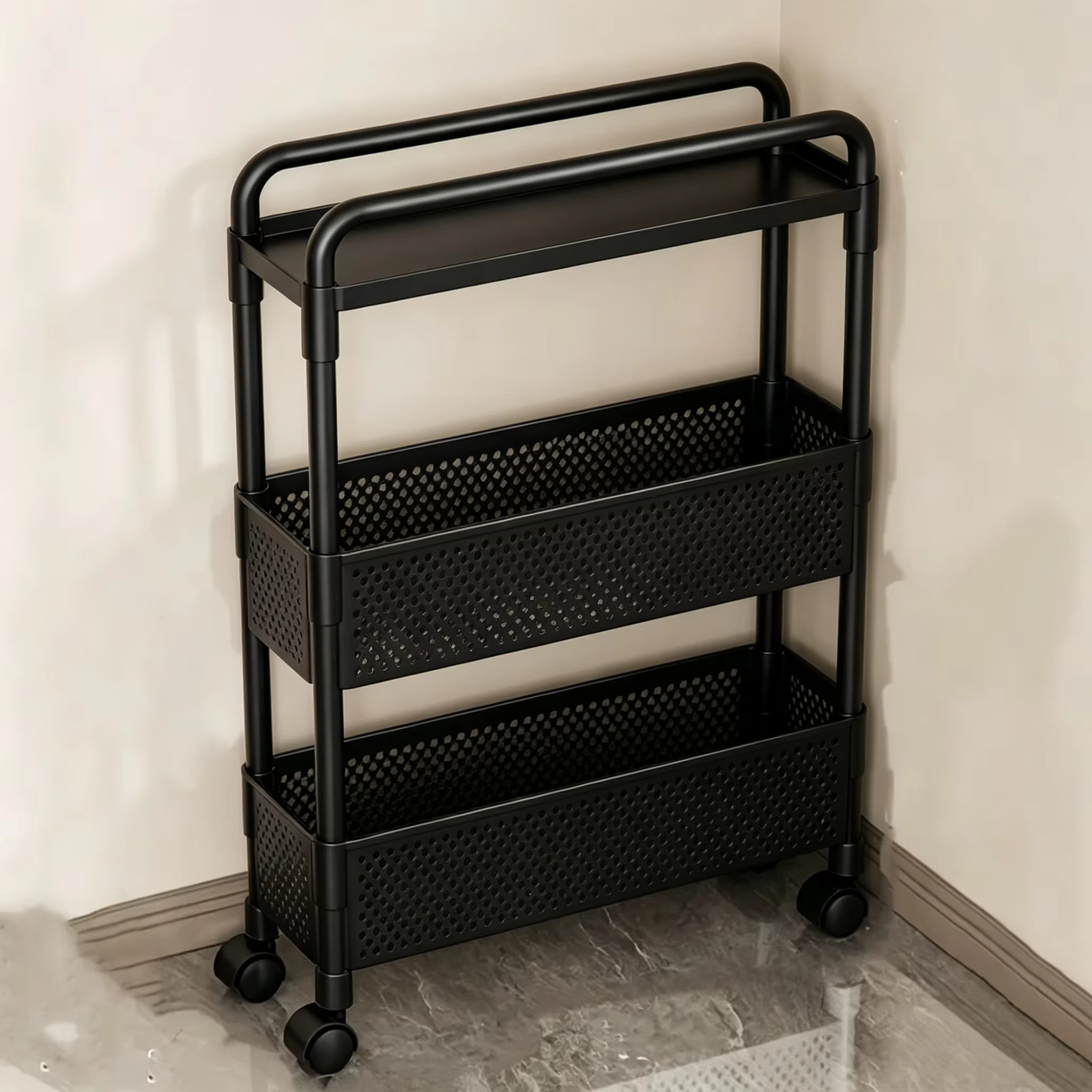 Unité de rangement mobile noire, étagères pratiques à plusieurs niveaux, support de rangement étroit