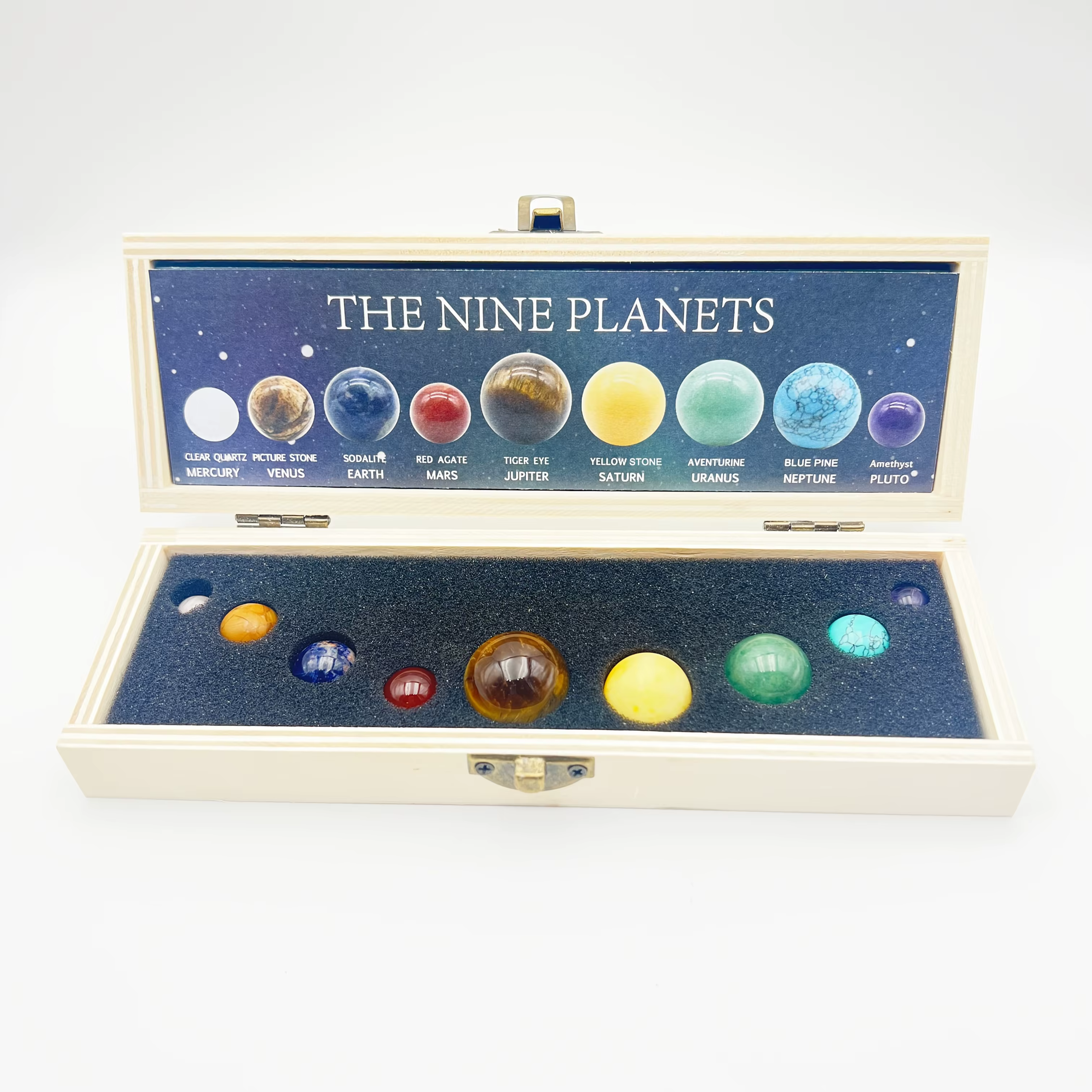 Coffret en bois de billes de pierre naturelle des neuf planètes, ensemble de planètes du système sol
