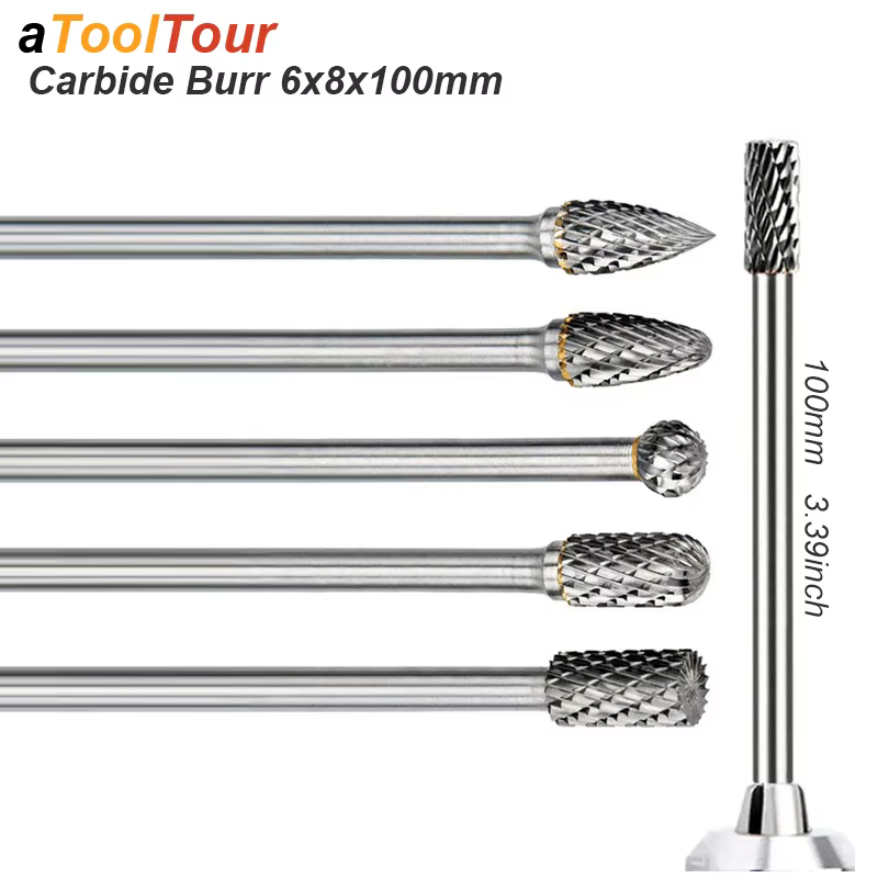 Fraises en carbure 6x8m 100mm Extra Long 1/4 tige sculpter Grinde outil abrasif coupe rotative râpe 