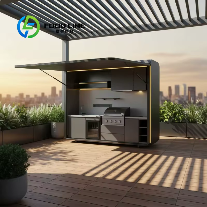 Ensemble de cuisine barbecue modulaire extérieur sur mesure avec réfrigérateur pleine taille et port
