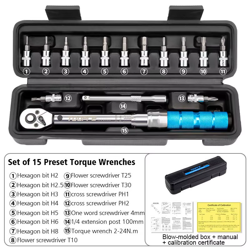 Jeu de clés dynamométriques pour vélo TOOPRE 1/4 2-24Nm 15 pièces, kit d'outils d'entretien et de ré