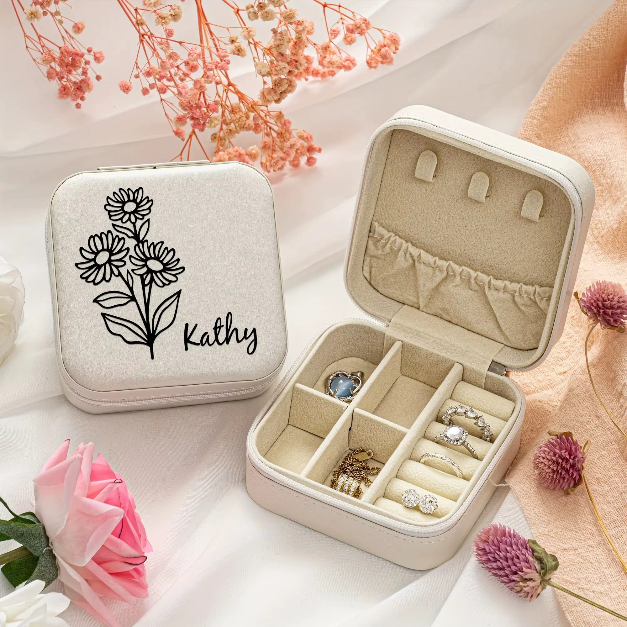 Boîte de rangement de bijoux avec nom personnalisé, boîte-cadeau de fleur d'anniversaire pour femmes