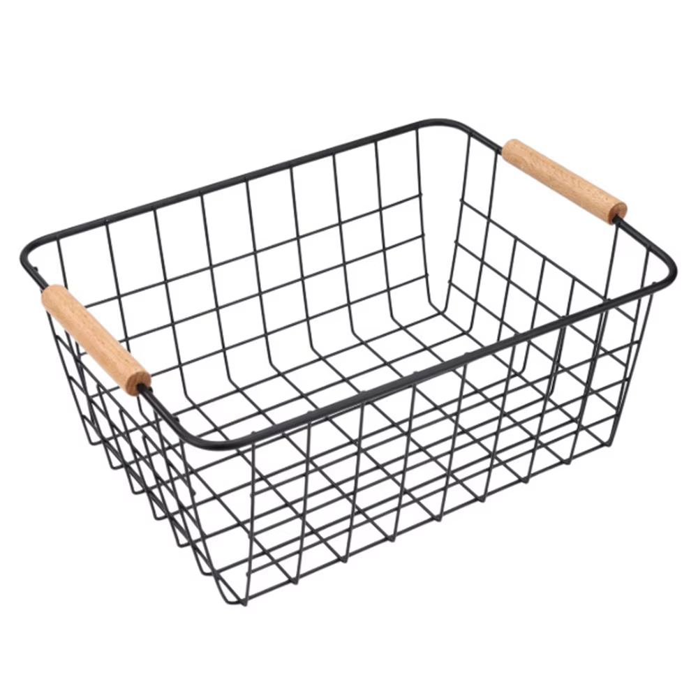 Panier de rangement de bureau en métal, panier rectangulaire blanc et noir avec manche en bois, cont