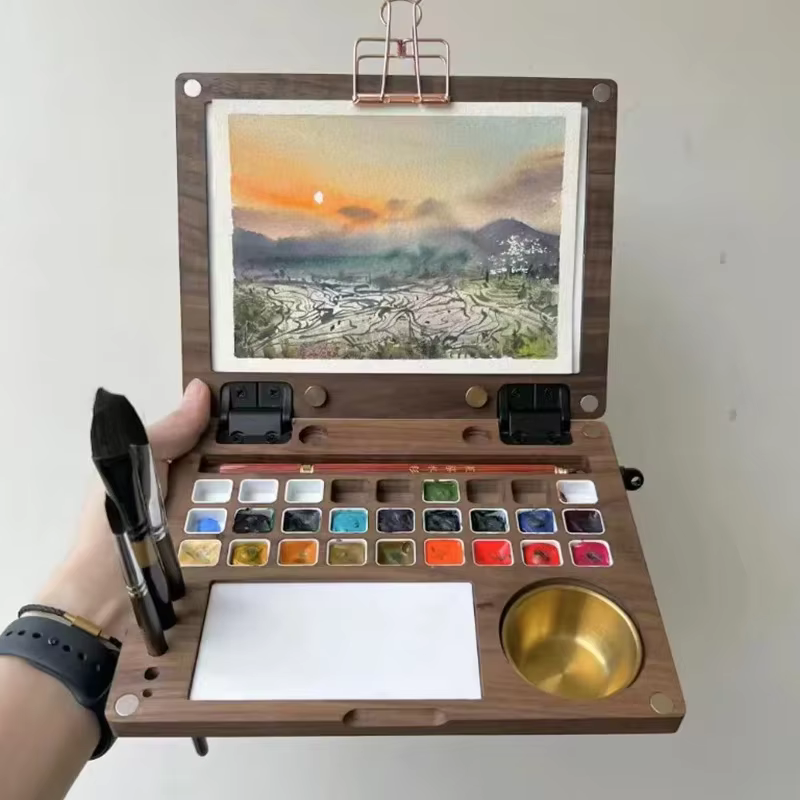 Boîte d'aquarelle en bois multifonctionnelle Portable, peinture de voyage, Gouache/huile, Palette de