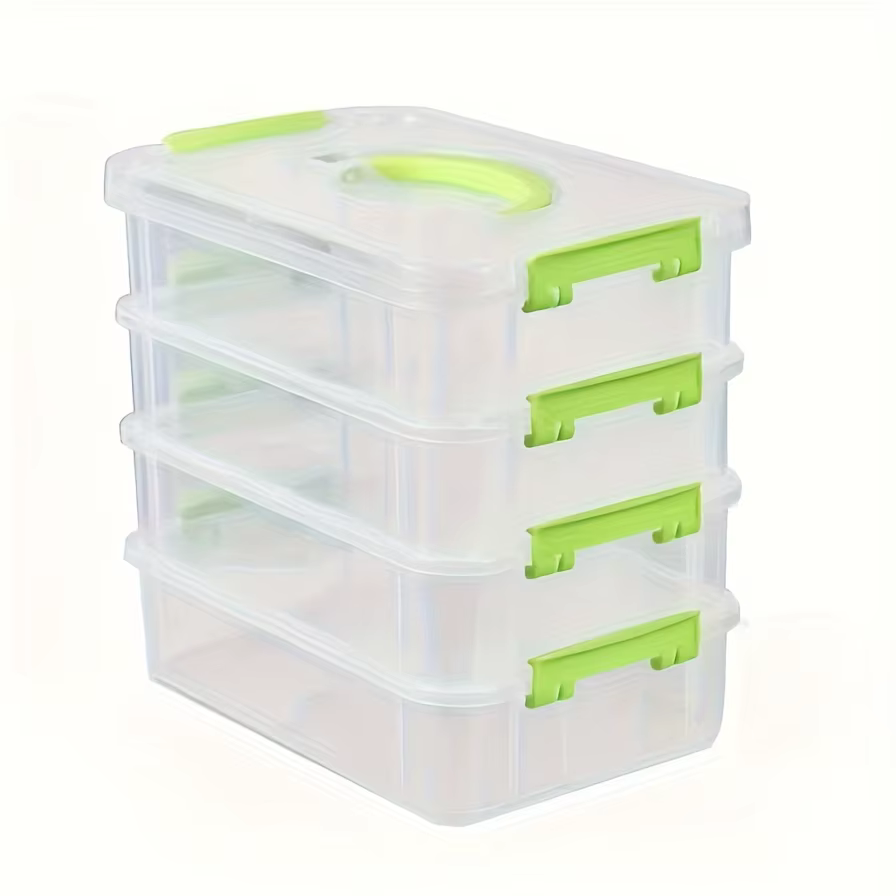 Boîte de rangement en plastique empilable à 4 niveaux avec poignée, adaptée aux fournitures ménagère
