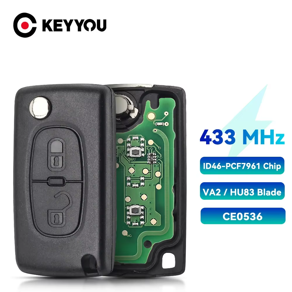 KEYYOU – clé télécommande à 2 boutons HU83 / VA2 avec batterie, pour PEUGEOT 207 208 307 308 Partner