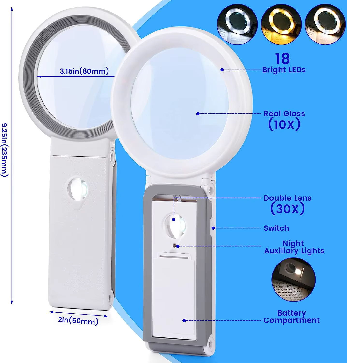 Loupe 30X 10X avec lumière et support, loupe portative pliante, loupe éclairée à 18 LED pour la lect
