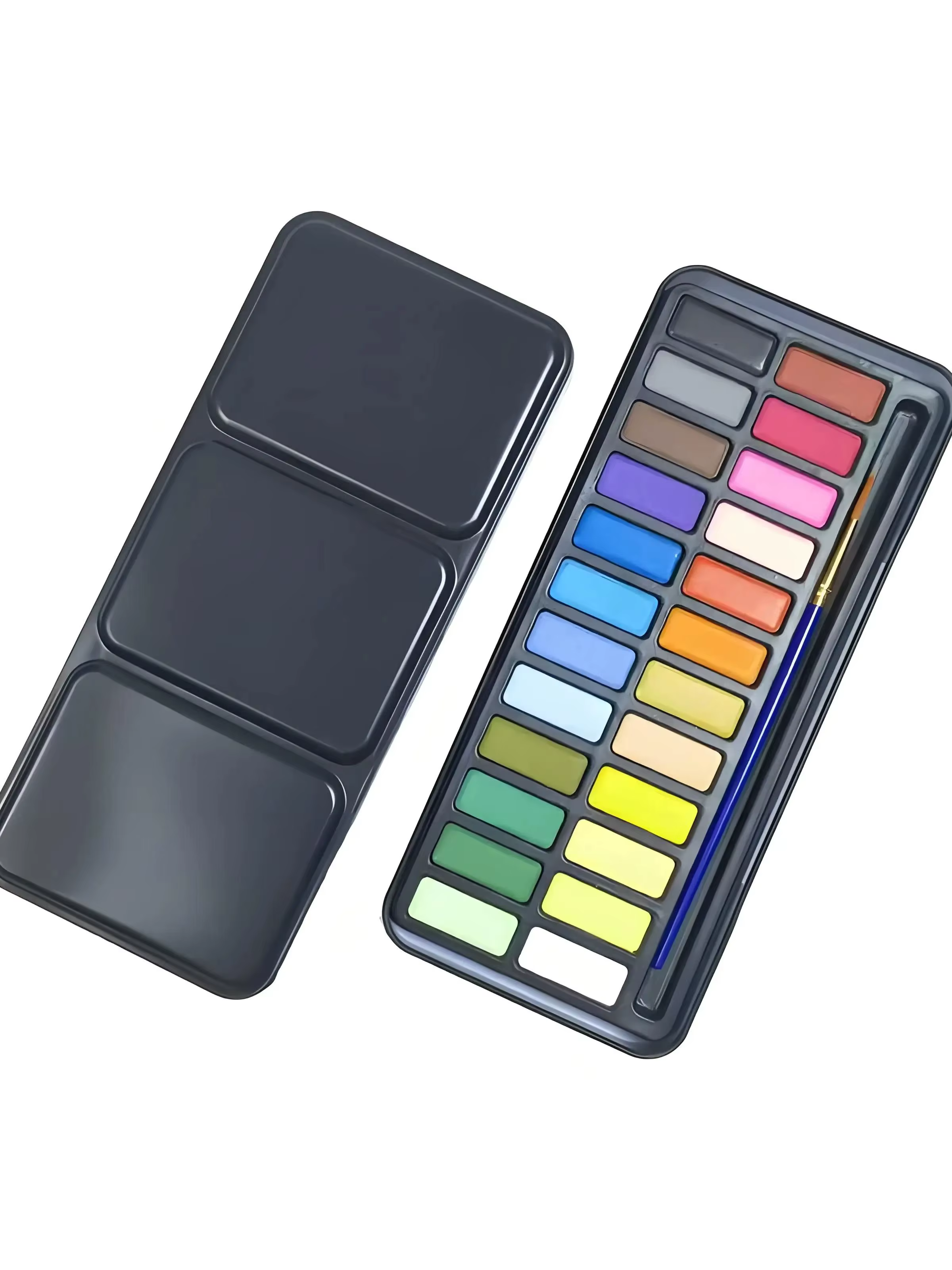 Boîte en fer de 24 couleurs de peinture à l'aquarelle solide, stylo et nuancier gratuits. Convient a