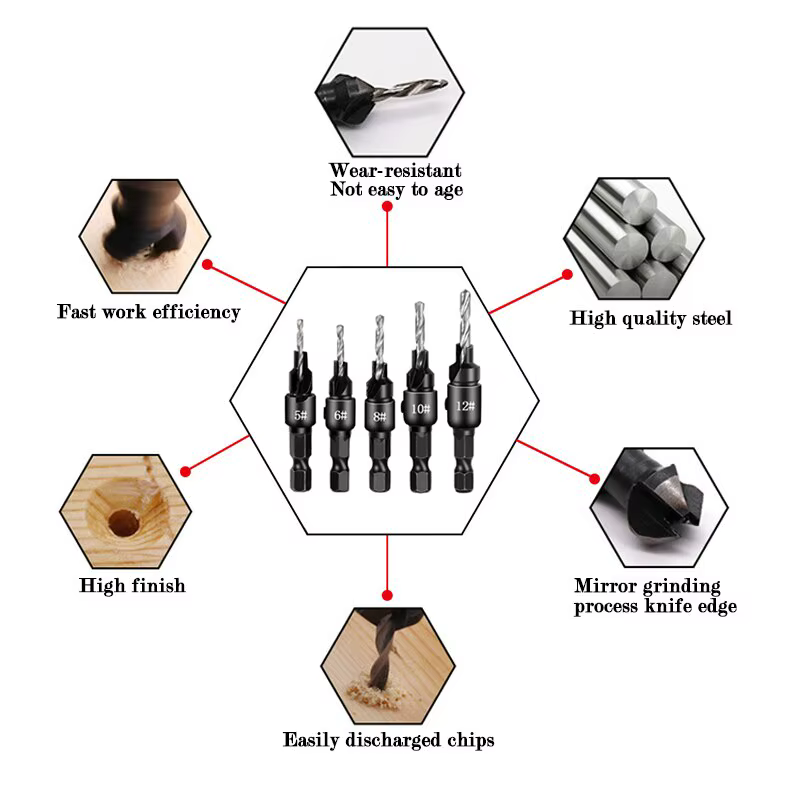 Travail du bois Hexagonale Tige Tête Fraisée Foret 5 pièce De Forage Chanfrein Trou Ouvre Ensemble I